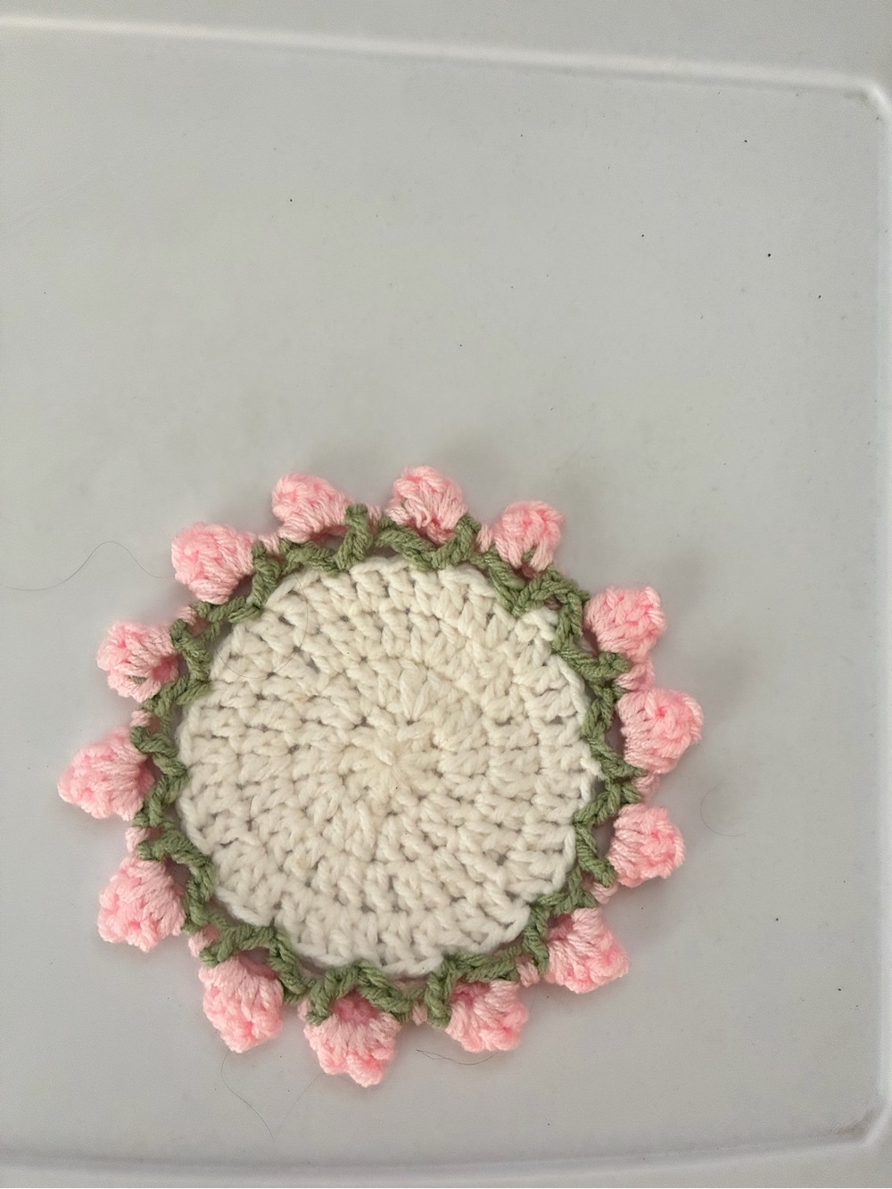 Handmade Cream, Pink & Green Crochet coaster